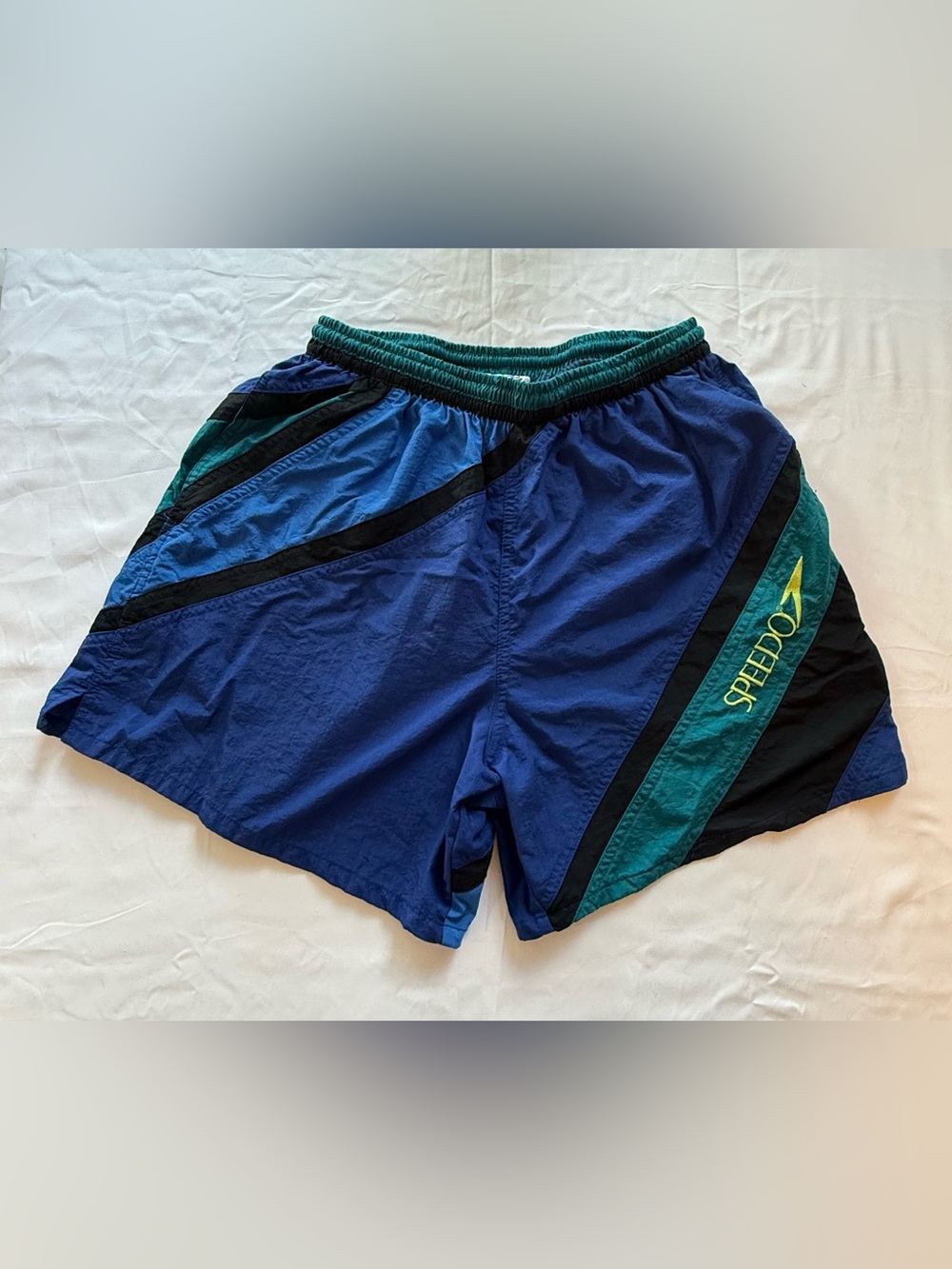 Vintage Speedo Colorblock Swim Trunks Shorts Blue Teal Black Mesh Lined Large
